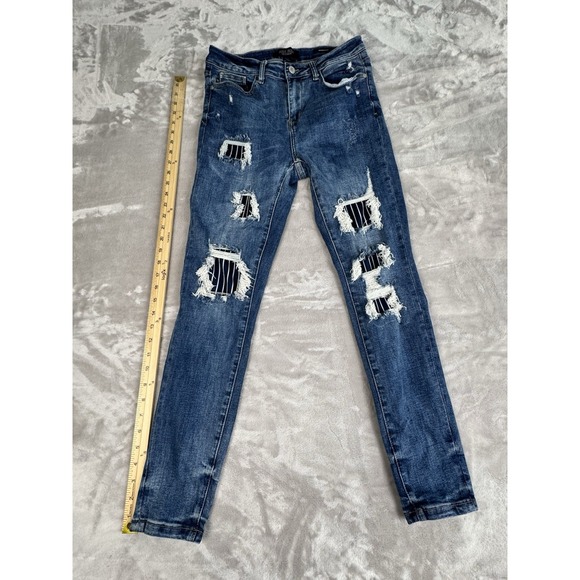 Judy Blue Denim - Judy Blue Size 7/28 Skinny Fit Distressed Jeans Navy Stripe Patches Med Wash